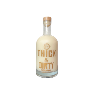 Bottle of 'Thick & Dirty' salted caramel cream liquor on a white background