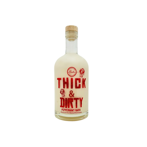 Bottle of 'Thick & Dirty' peppermint bark cream cocktail on a white background