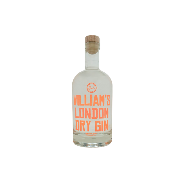 Bottle of Hawke Prohibition Distilleries William's London Dry Gin on a white background
