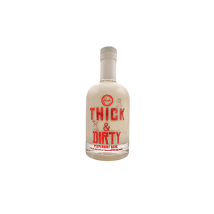 Bottle of 'Thick & Dirty' peppermint bark cream liqueur on a white background